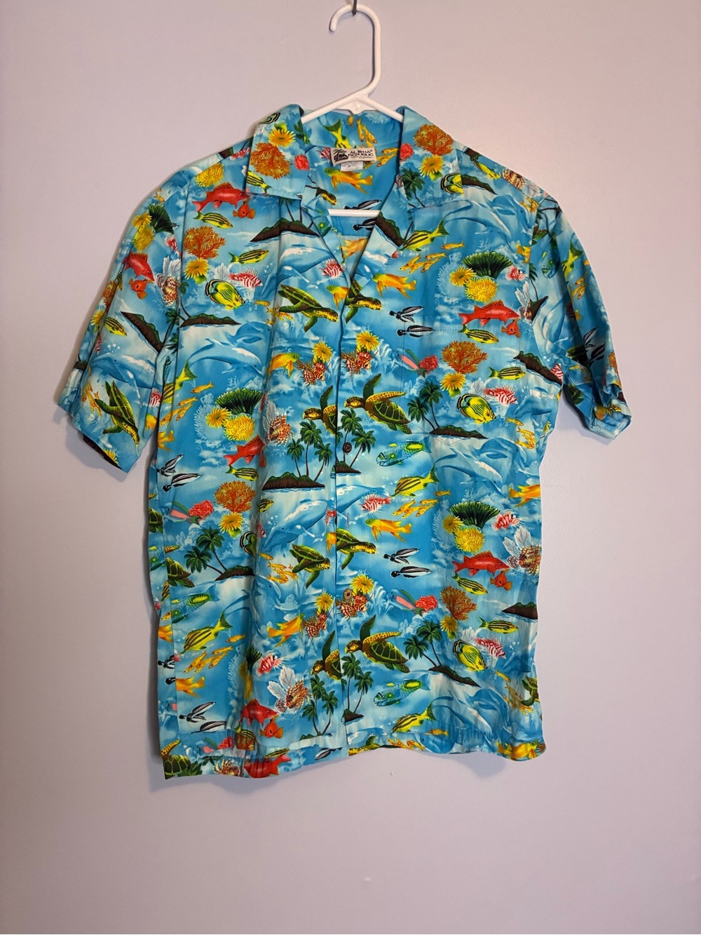 Men's Blue Tropical Button-Down Shirt with Marine Print